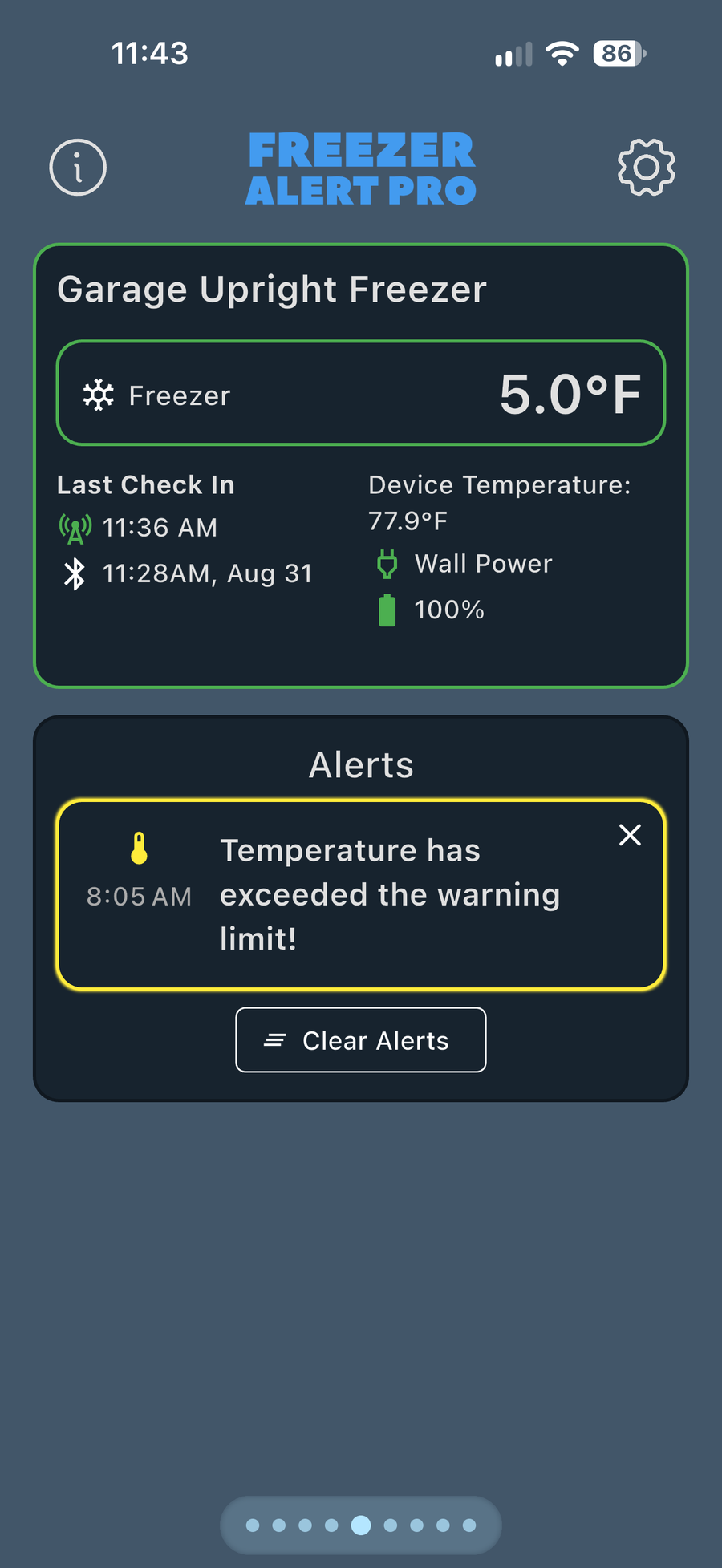 Freezer Alert Pro app showing a freezer at 5 degrees with a temperature warning