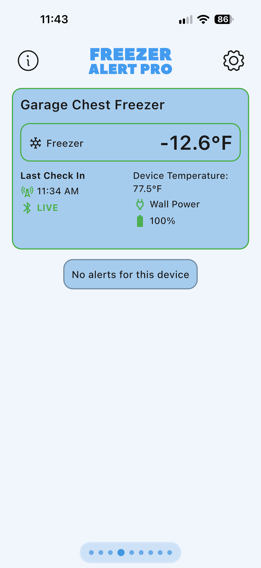 Freezer Alert Pro app in light mode showing a chest freezer at minus 12.6 degrees with no alerts