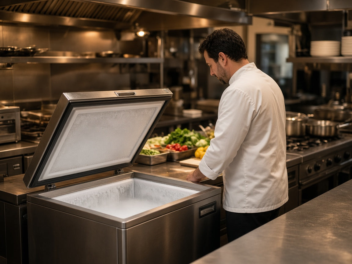A cook beside an open commercial freezer in a busy restaurant kitchen